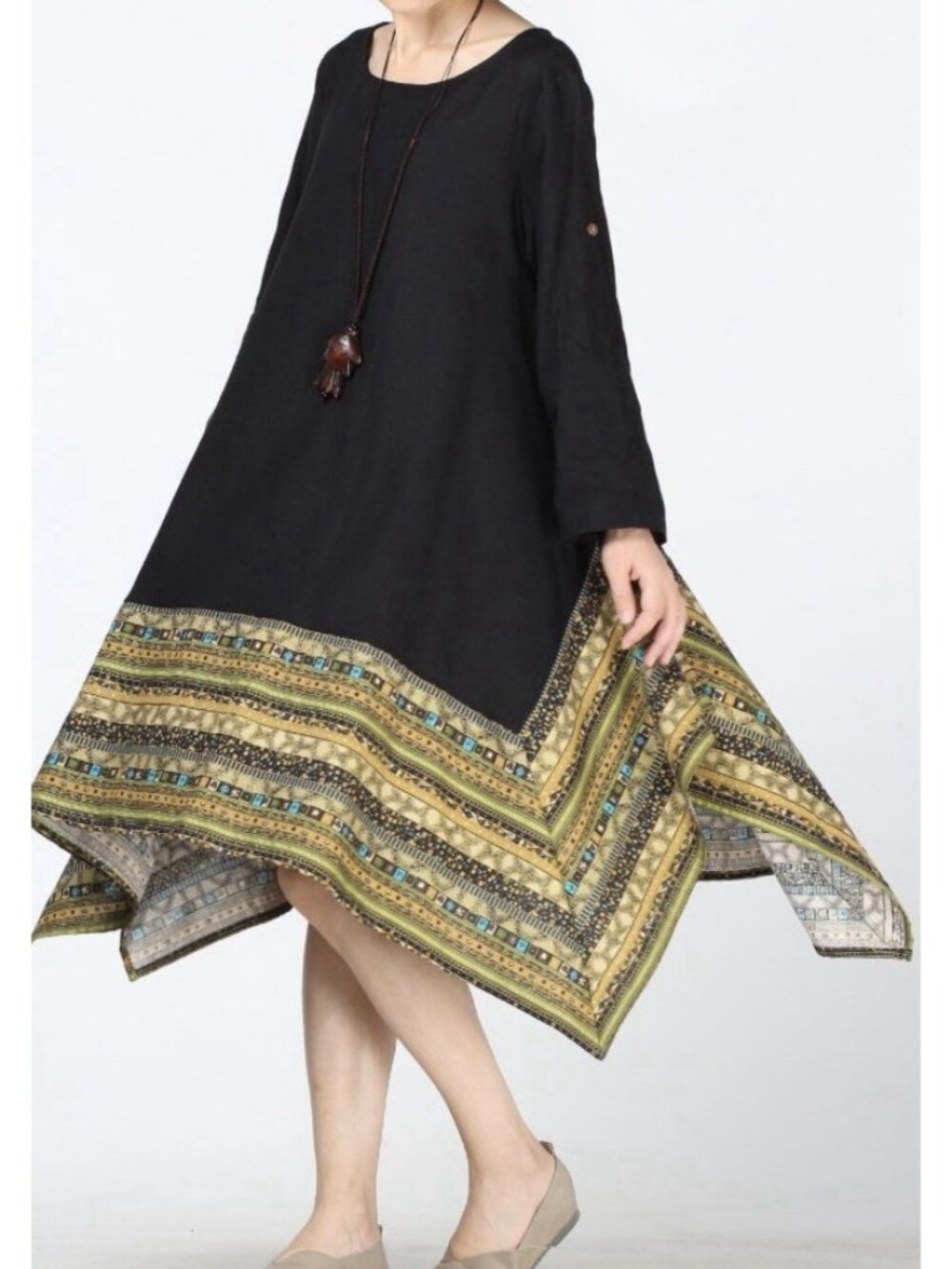 Minibee Linen Cotton Blend Midi Dress Women's XL Asymmetrical Boho Lagenlook